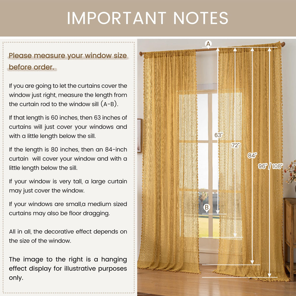 Boho Lace Curtains 63 Inches 2 Panel, Light Filtering Privacy Tassel & Geometry Crochet Semi Sheer Curtain Drapes