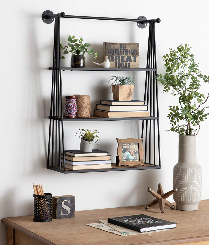 Nevin Rustic Three Tier Shelf, 23.25" x 30.25" x 8", Brown and Black, Modern Farmhouse Inspired Wall Storage and Decor