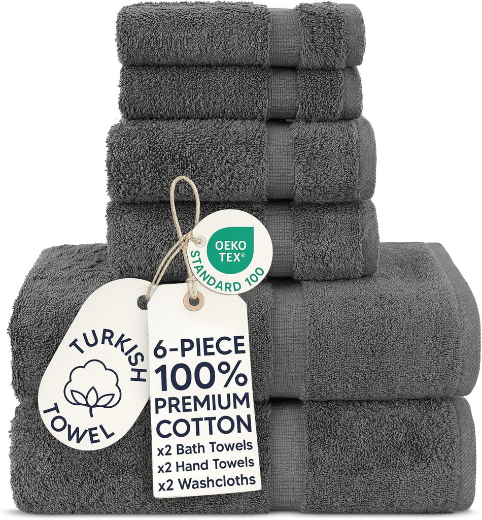 Hotel & Spa Quality 100% Cotton Premium Turkish Towels | Soft & Absorbent (Dark Gray, 6-Piece Towel Sets)