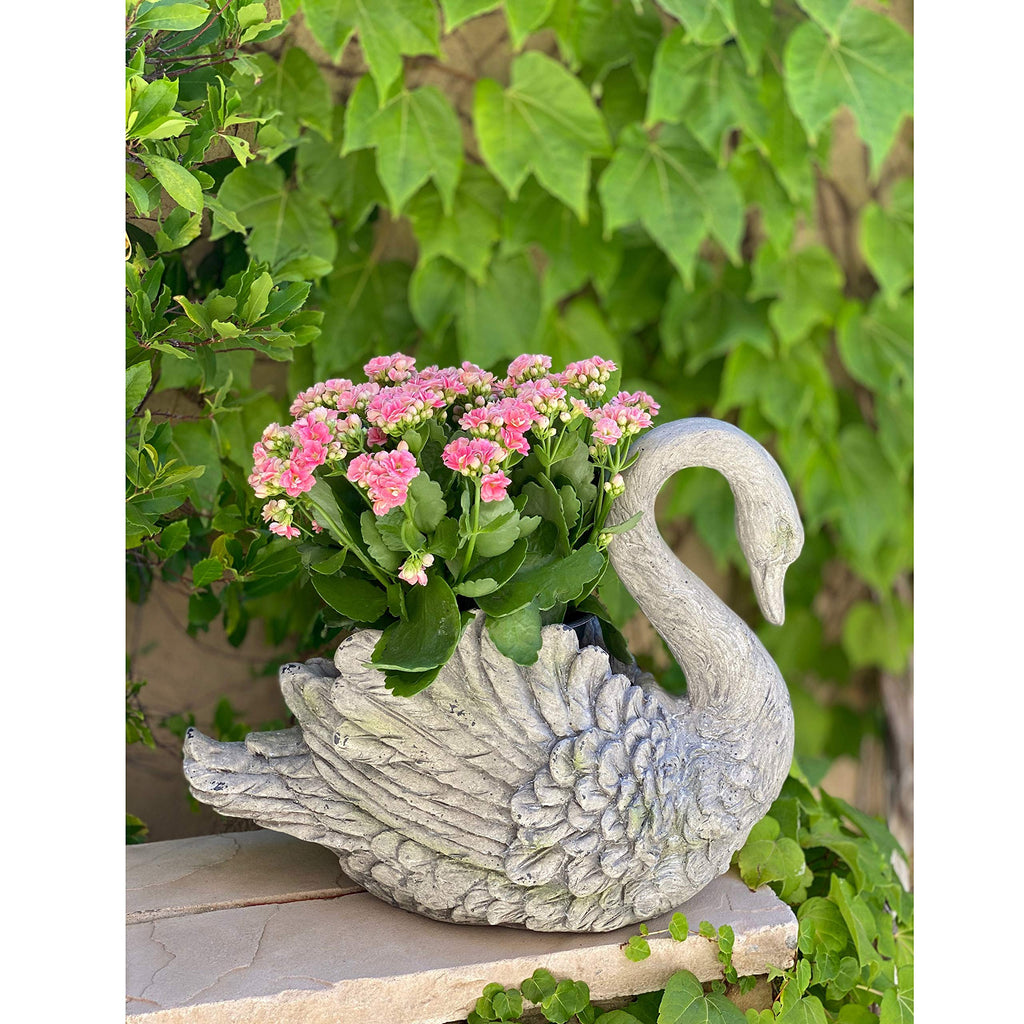 Swan Cast Stone Planter Garden Decor - Grey
