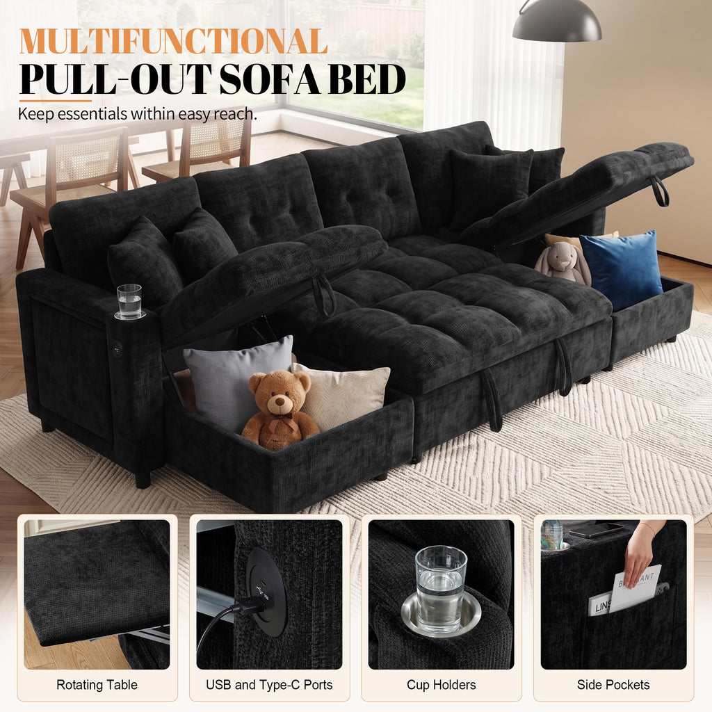 108" U Shaped Sectional Sleeper Sofa, Oversized Pull Out Sofa Bed