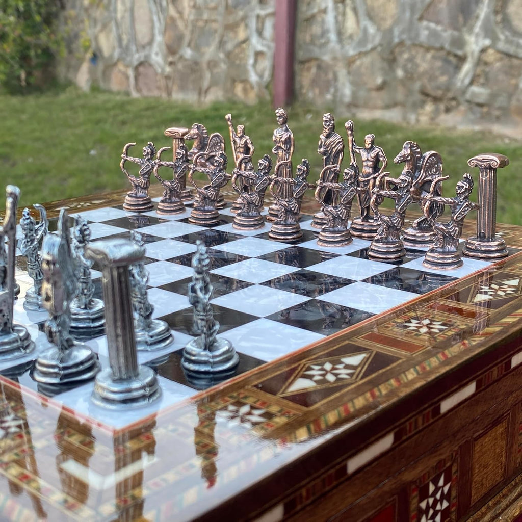 Luxury Greek Mythology Themed Chess Set- 12 inch Handmade Mosaic Chessboard with Storage- Ancient Greek Gods Inspired