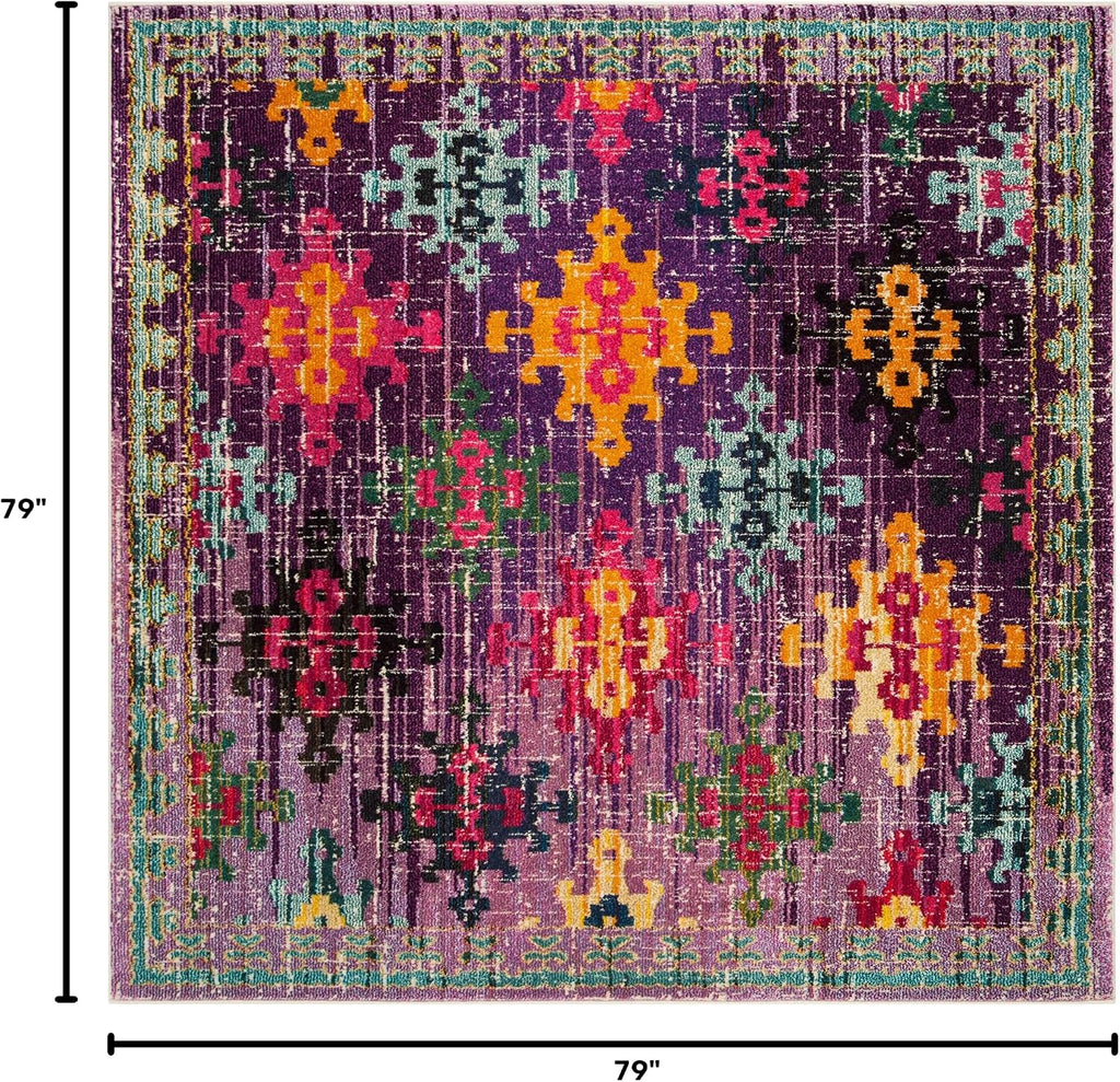 Monaco Collection Area Rug - 6'7" Square, Purple & Multi, Boho Diamond Trellis Design, Non-Shedding & Easy Care