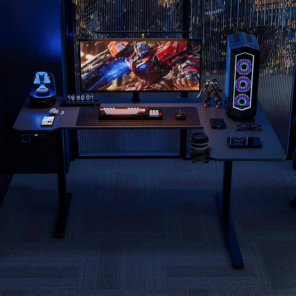 L Shaped Electric Standing Desk - 59x40 Inch Reversible Corner Sit Stand Desk with Hook&Cup Holder,Electric Height