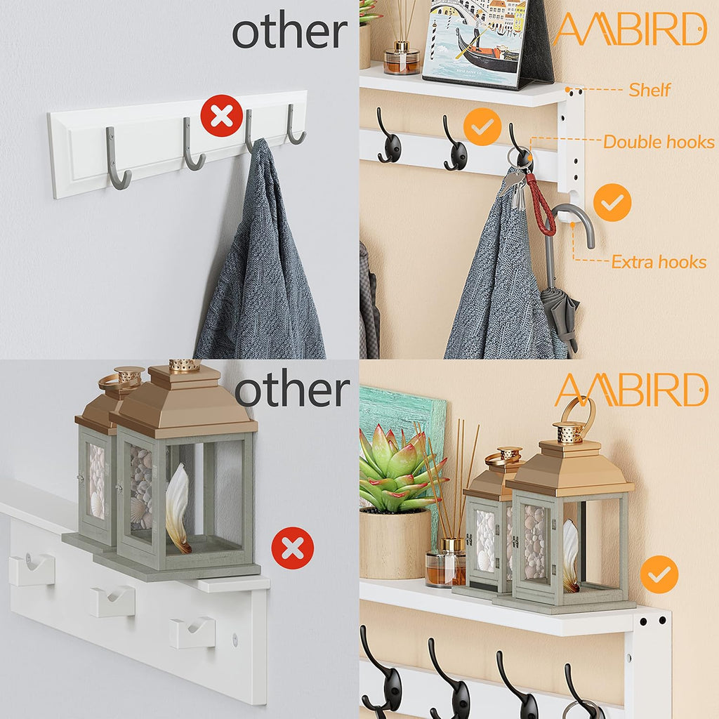 Coat Rack Wall Mount with Shelf, 28.9 Inches Coat Hooks Wall Mounted with 5 Hooks, Hat Wall Hooks for Hanging (White