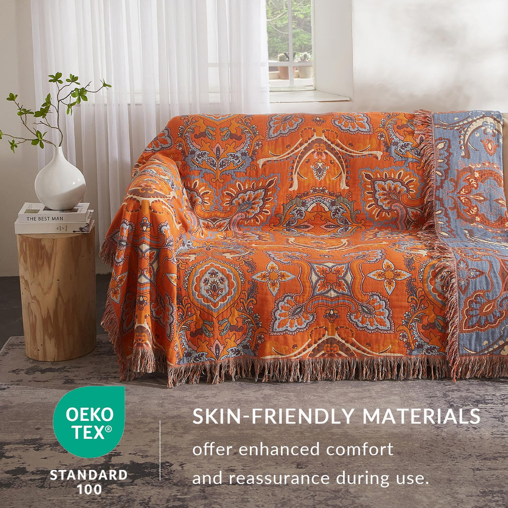 Boho Throw Blanket, 100% Cotton, Woven Floral Pattern, 60"x80"
