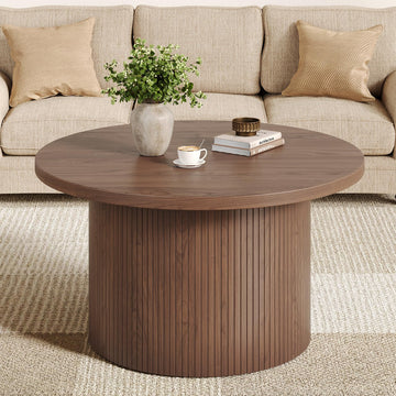 31.5" Round Coffee Table, Mid Century Modern Fluted Drum Table