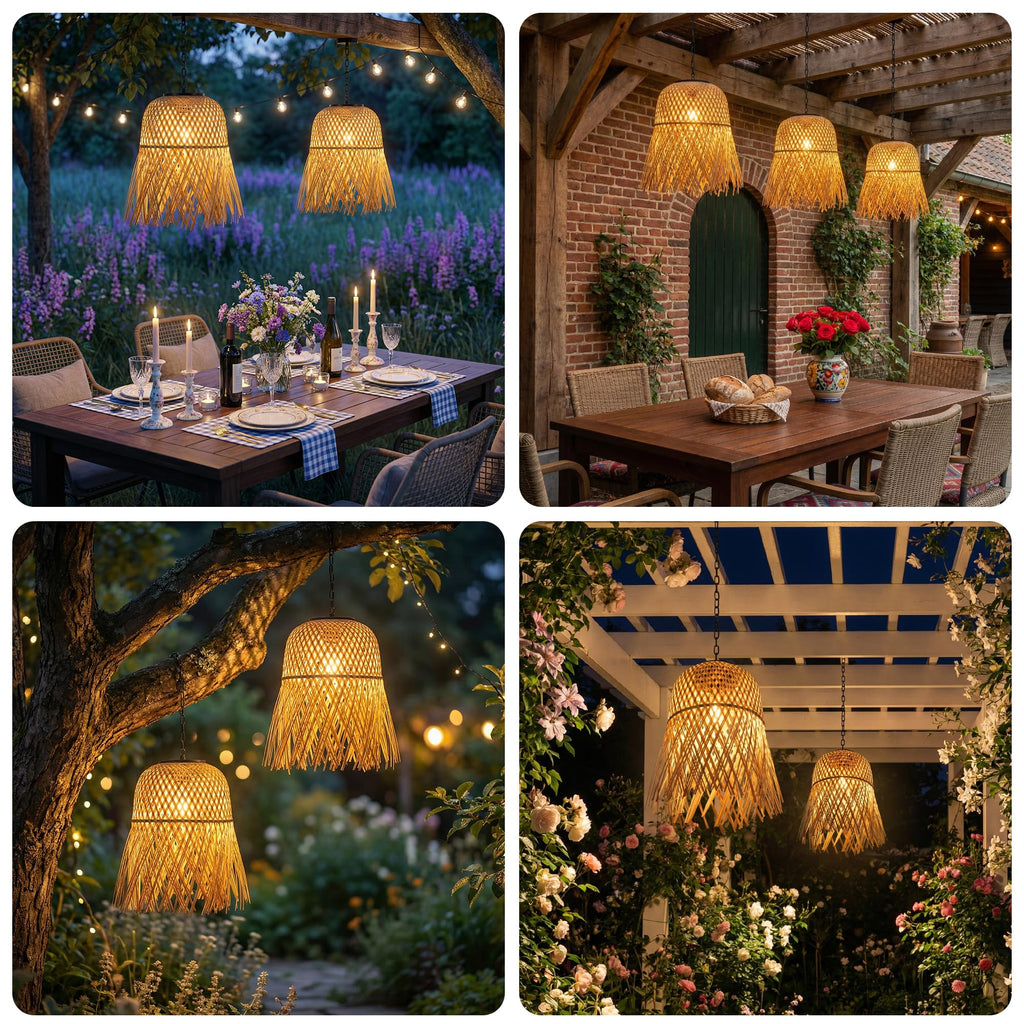 Solar Chandelier Outdoor, Bamboo Handmade Rattan Pendant Light, Rustic Retro Boho Hanging Lanterns for Gazebo Yard