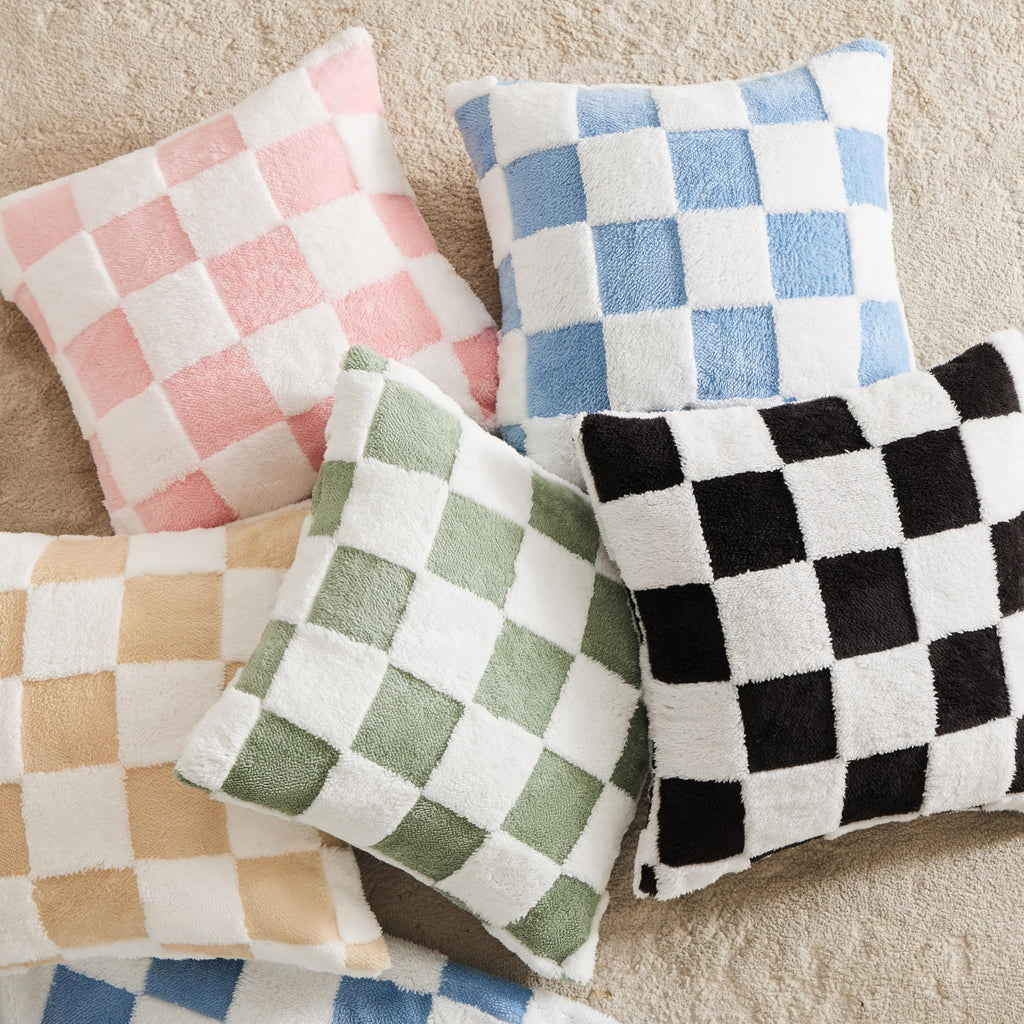 Checkered Jacquard Shag Throw Pillow Covers, Pack of 2 Fluffy Beige Sand Cute Decorative Boho Aesthetic Soft