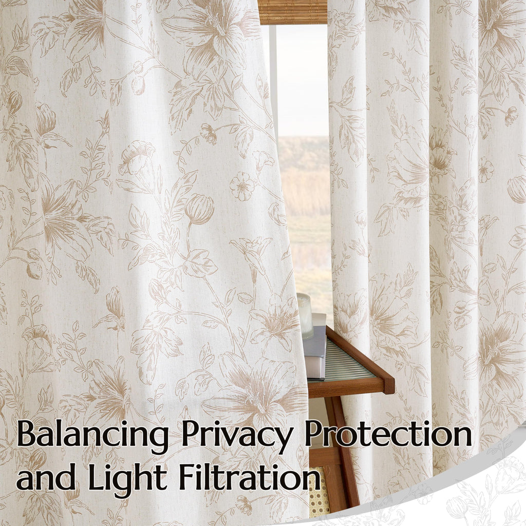 84 Inch Linen Curtains Beige Tan Floral Pattern Pinch Pleat Drapes Bedroom