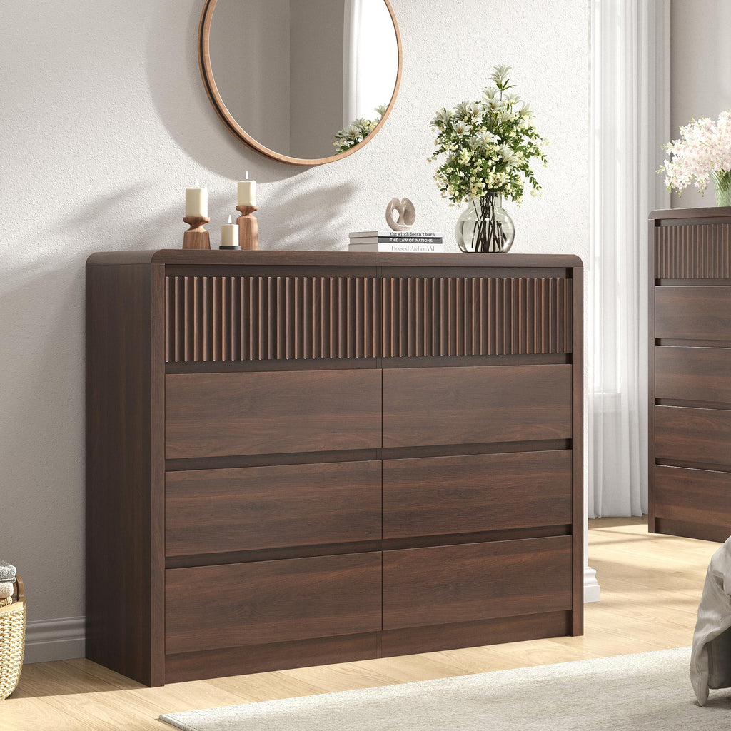 Fluted 8 Drawer Dresser, 50" Wide Dresser & Chest of Drawers with Curved Profile Design, Wood Mid Century Modern