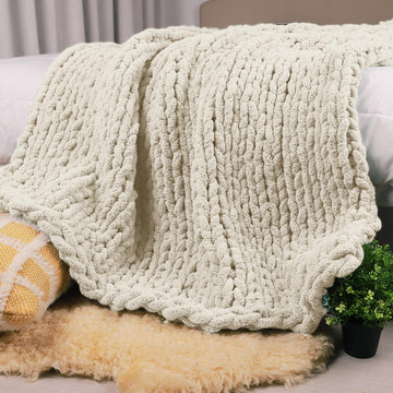 Chunky Knit Throw Blanket 60 x 80, 100% Hand Made, Light Beige