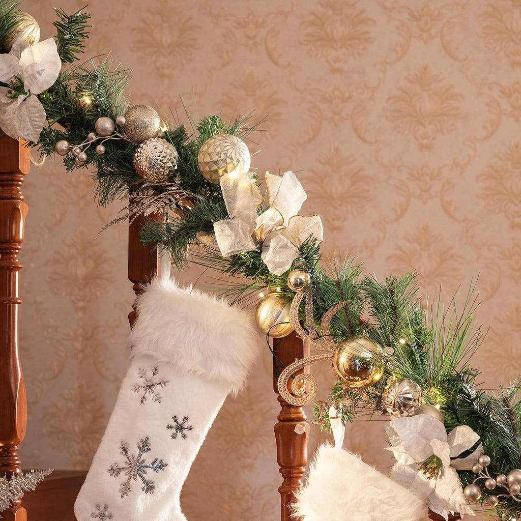 9 Feet Pre-Lit Christmas Garland with Lights for Mantle, Lighted Outdoor Xmas Garland with White Gold Balls &