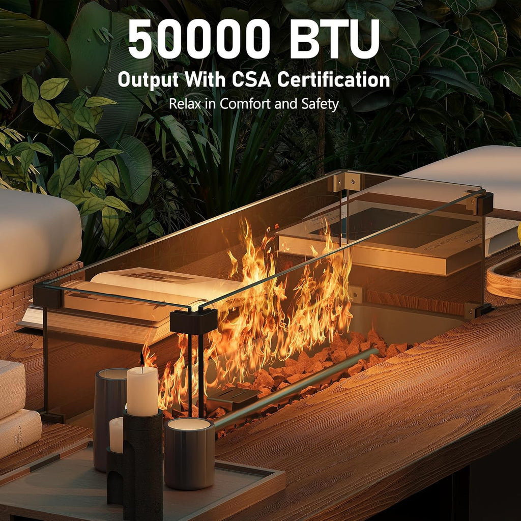 55" Propane Fire Pit Table,50000btu Gas Fire Pit Table with Brown Windshield & Lava Rock,2 in 1 Foldable Expansion
