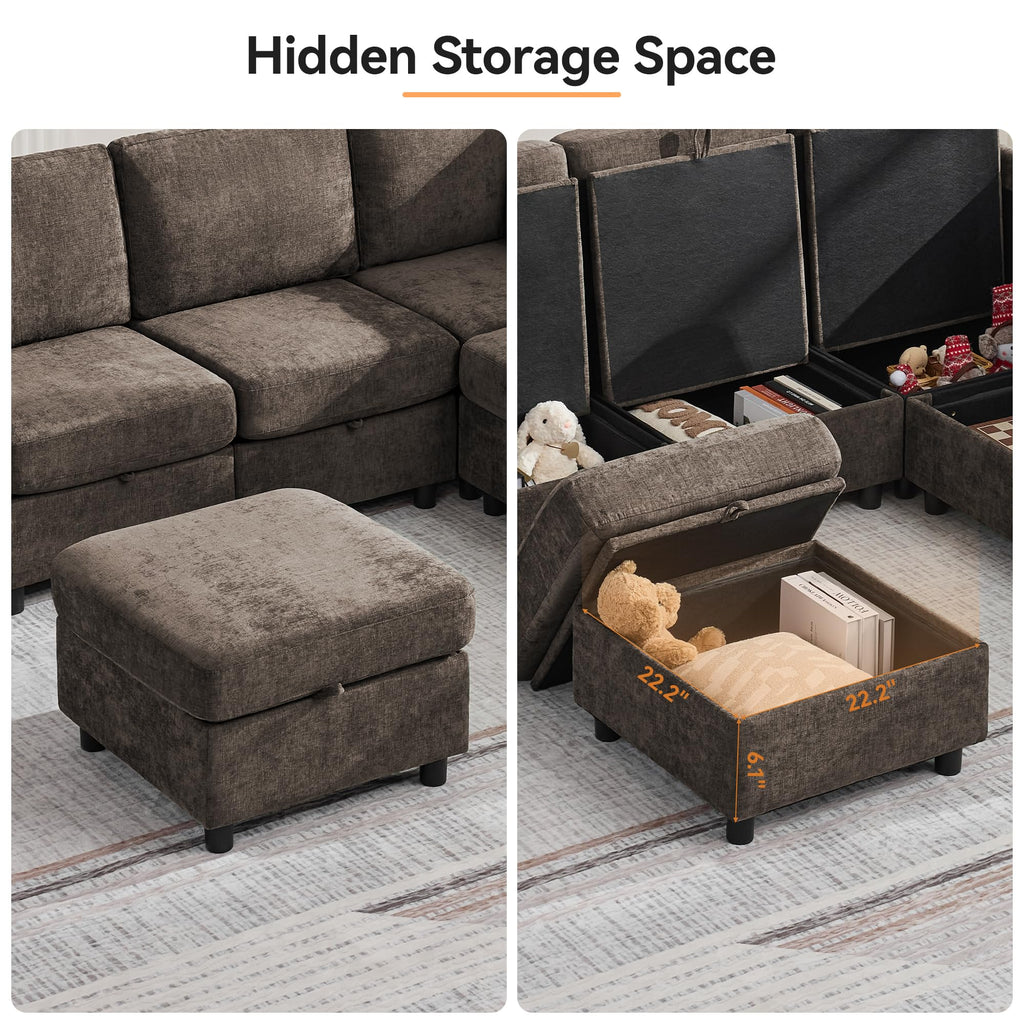 Modular Sectional Couch with Storage, 25'' Storage Sofa Ottoman, Brown