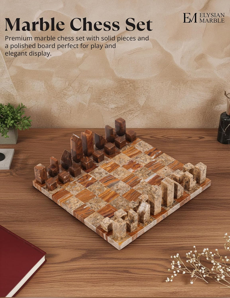 Modern Chess Set - Handcrafted Borderless Marble Chess Board with Minimalist Geometric Pieces, Luxury Decorative