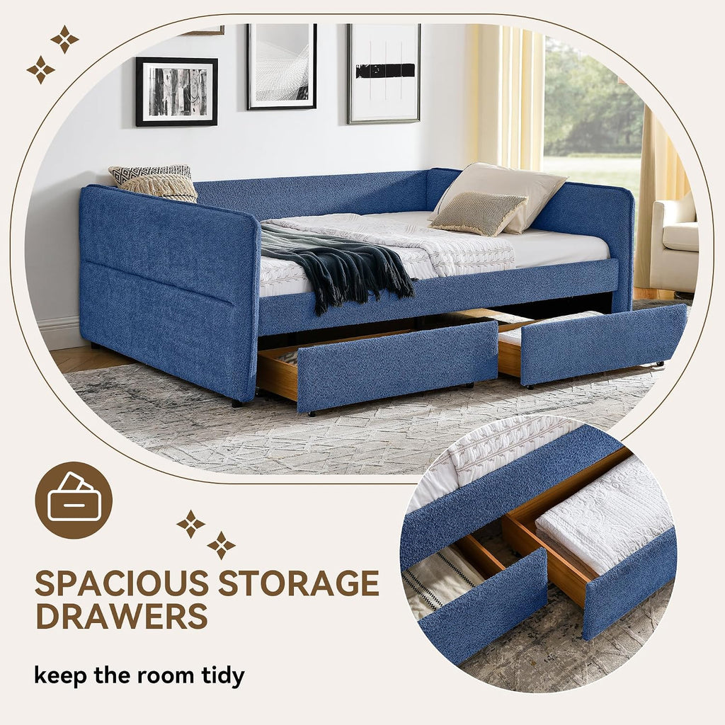Queen Size Daybed Frame with 2 Storage Drawers, Boucle Upholstered Daybed, Tufted Corner Day Bed with Wood Slats