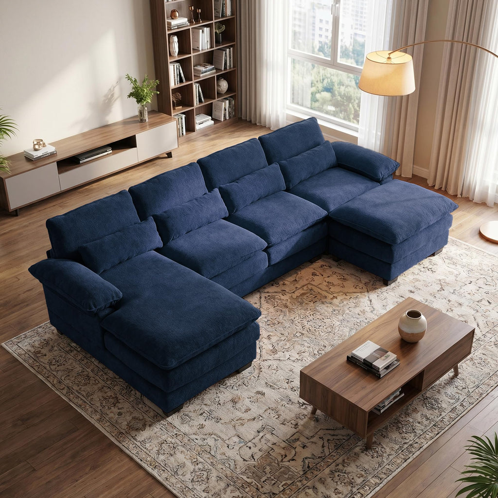 113" U Shaped Cloud Sectional Couch with Ottoman, Chenille Sofa, Dark Blue