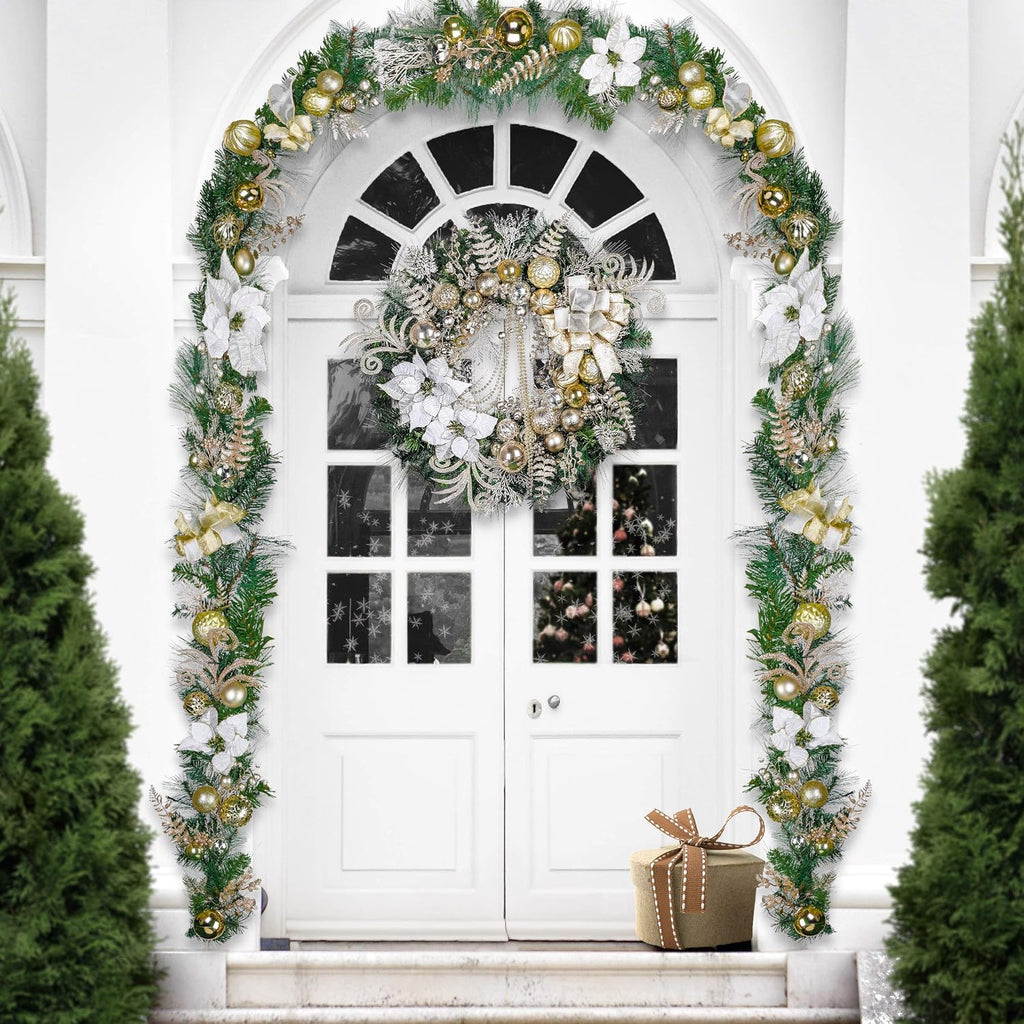 30'' Pre-Lit Christmas Wreath for Front Door with Light, Large Lighted Outdoor Christmas Wreath with White Gold Xmas