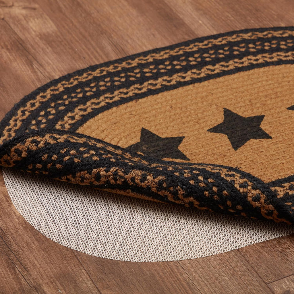 Farmhouse Primitive Star Black Stenciled Accent Jute Rug Oval Stencil Stars w/Pad 20"x30"