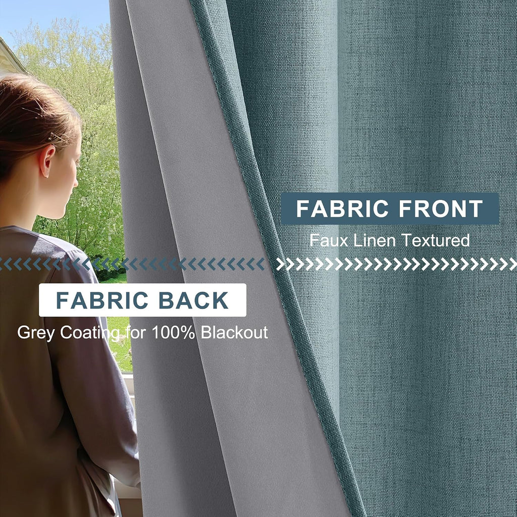 Linen 100% Blackout Curtains 96 inches Long for Bedroom Living Room Darkening Full Black Out Rod Pocket Back Tab