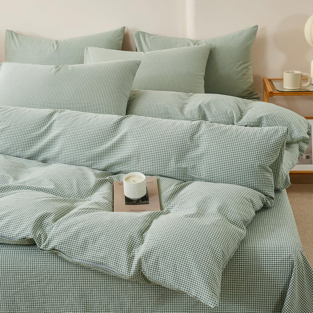 Mint Green Gingham Duvet Cover Set - 3 Piece Washed Cotton Linen Like Plaid Bedding Set with Zipper, Soft &