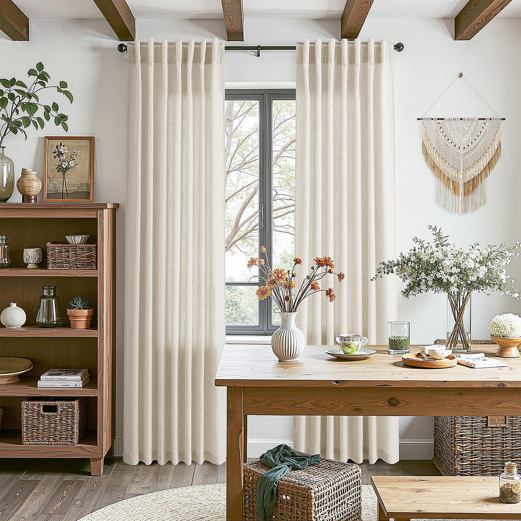 Warm Beige Linen Curtains 63 Inches Long 2 Panel Sets Bedroom Rod Pocket Back Tab Light Filtering Drape Window Short