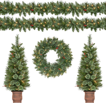 International 5-Piece Pre-Lit Artificial Christmas Décor Set Featuring 2 Trees, 1 Wreath, and 2 Garland