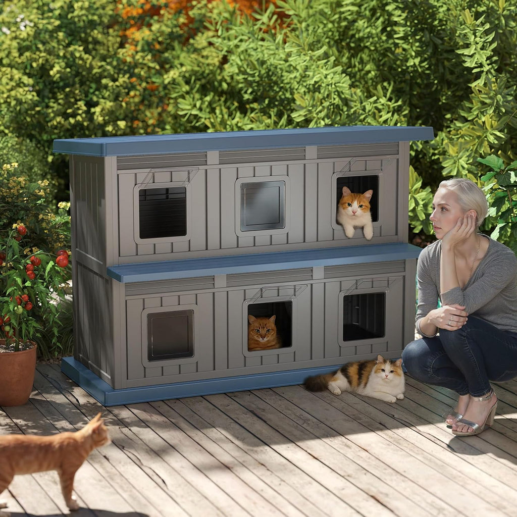 Outdoor Cat House Resin Double-Decker Cat Houses for Cats Weatherproof Large Space Cat Shelter Indoor & Outdoor Use