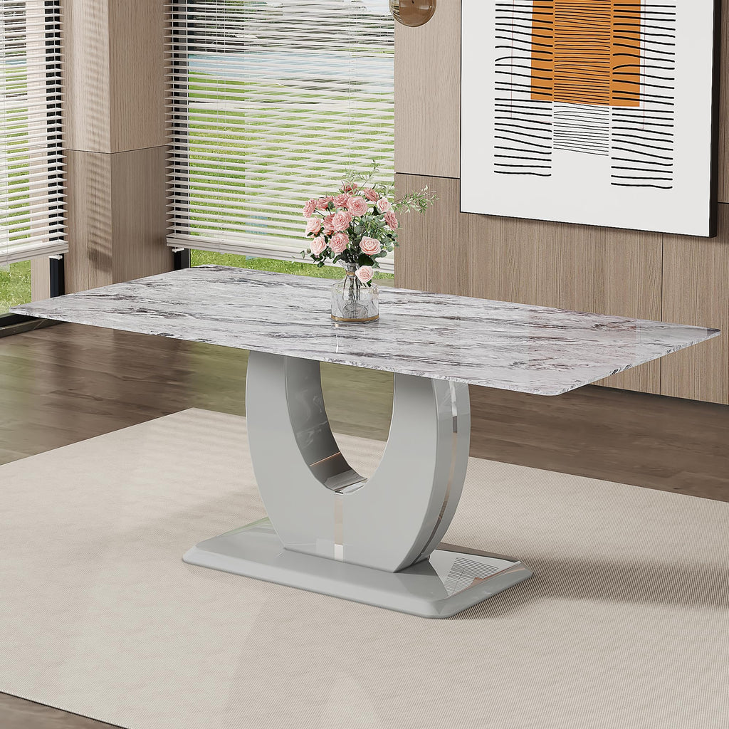 71-Inch Gray Faux Marble Dining Table with Pedestal Base