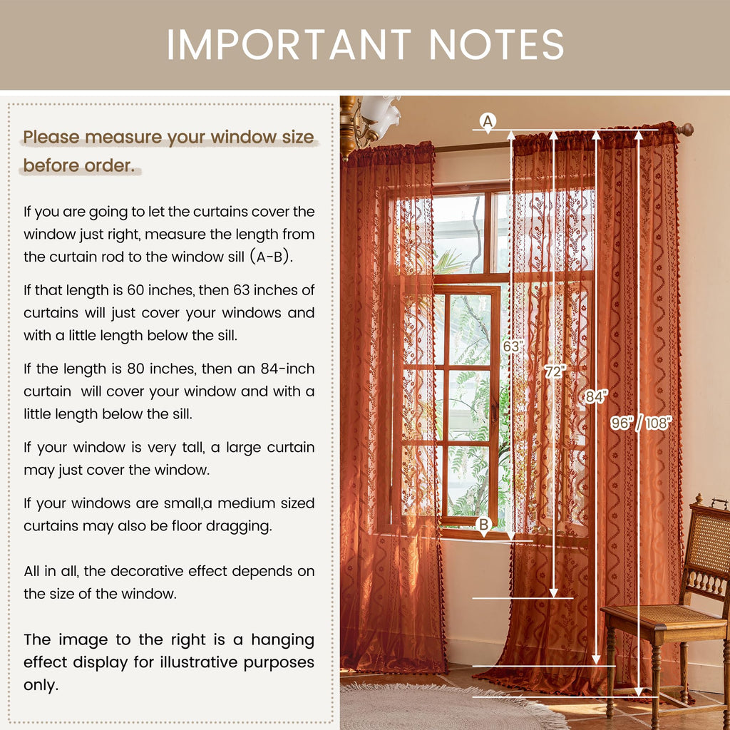 Boho Lace Curtains 84 Inch 2 Panels-Vintage Sheer Panel Drape Floral Pattern & Tassel Light Filtering Privacy Dining