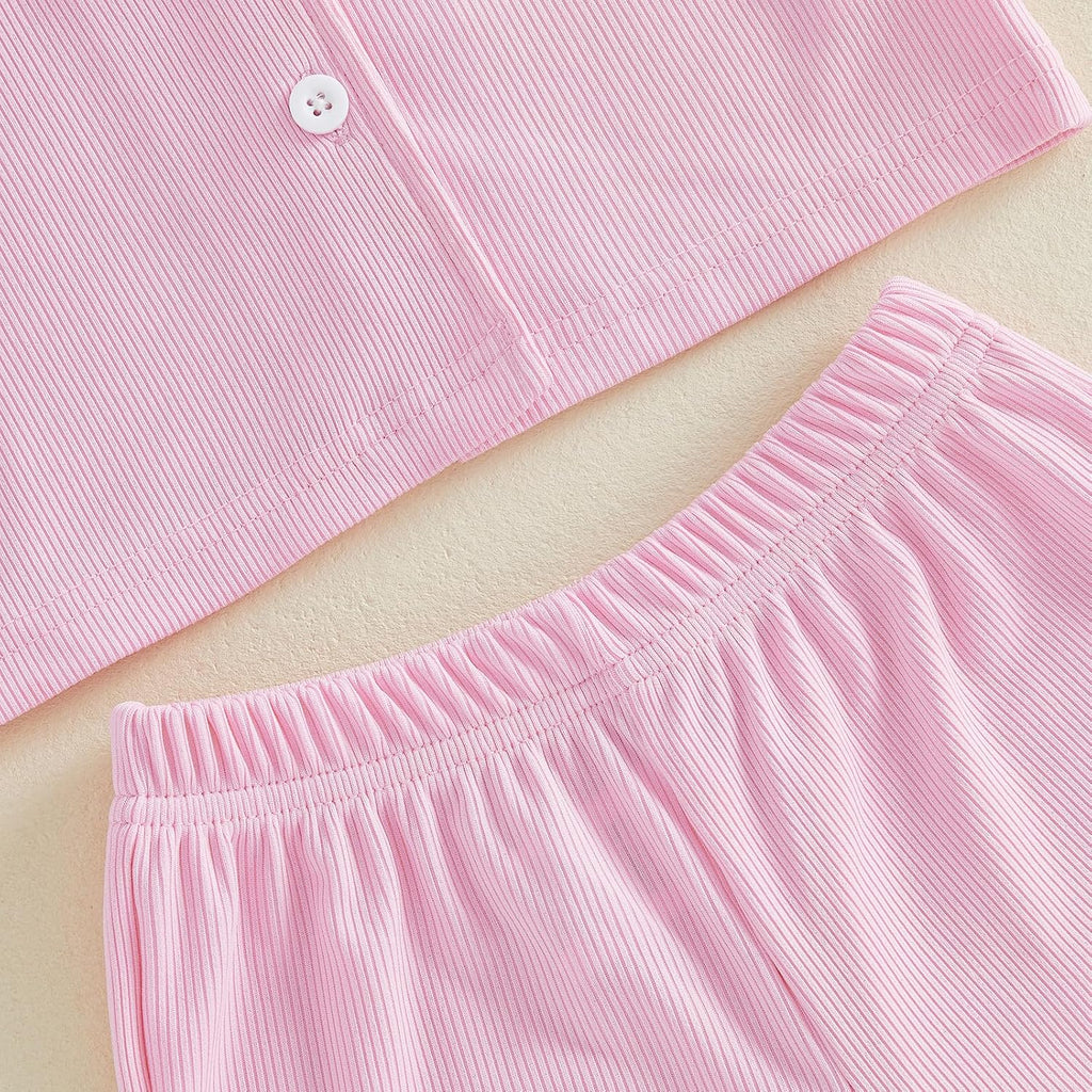 Toddler Baby Girls Ribbed Pajamas Set Ruffled Short Sleeve Button Up Shirt Tops Elastic Waist Shorts Girls Sleep Set