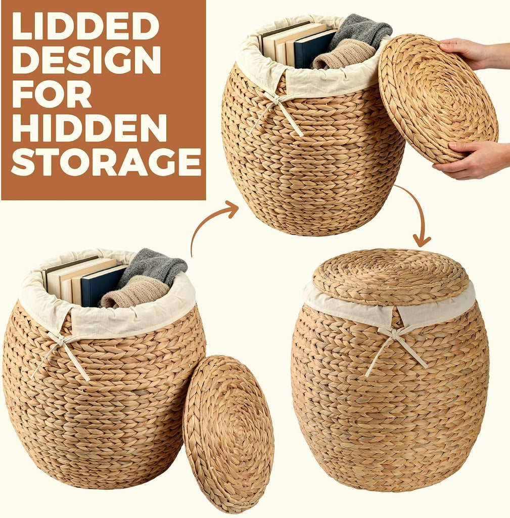 Wicker Basket with Lid Decorative Storage - Large Blanket Basket , Plants, Organization, Handwoven Water Hyacinth