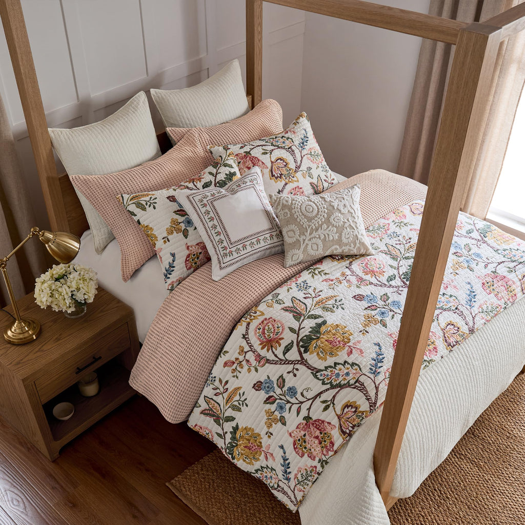 Maileen Dusty Rose Quilt Set - Quilt and One Standard Sham - Floral - Dusty Rose Ochre Blue Green Brown