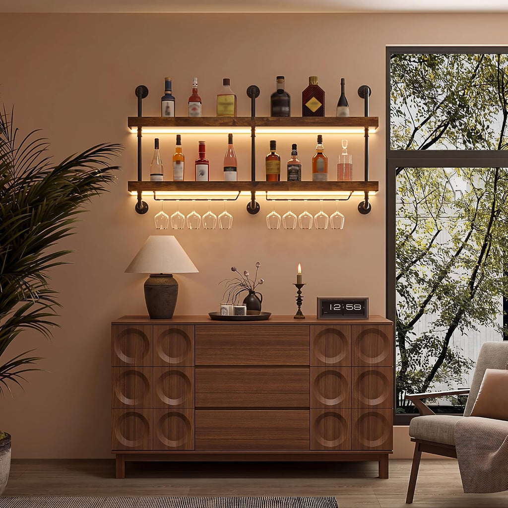 Wall Mounted Wine Rack with LED Lights, 55.1" W | 2-Tier Industrial Metal, Hanging Liquor & Wine Glass Rack, Display