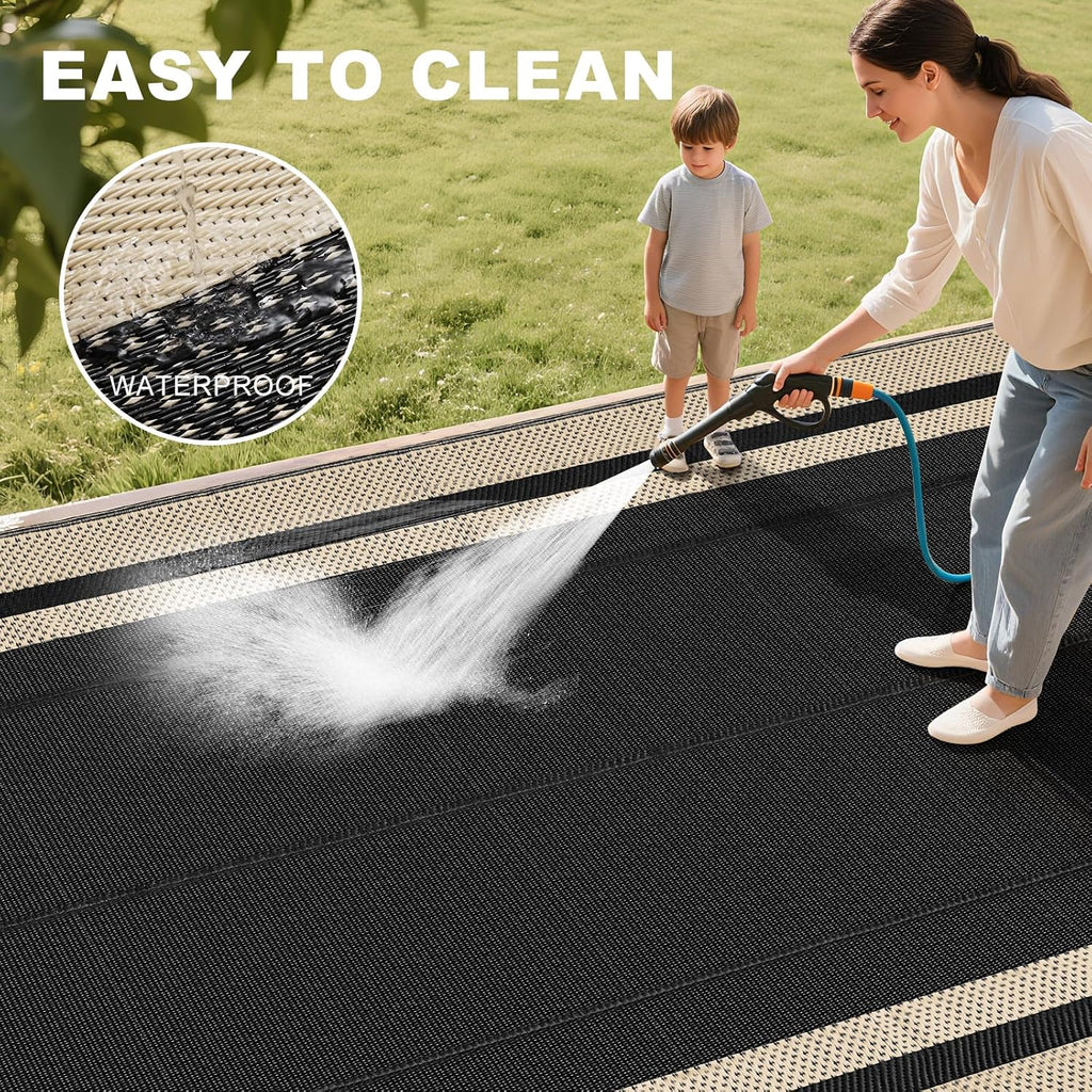 Outdoor Rugs Waterproof s Clearance,Large Plastic Straw Mats for Backyard,Porch,Deck,Balcony,Black&Beige
