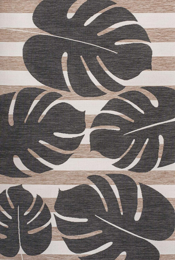Beach Stripe and Monstera Leaf Indoor Outdoor Area Rug Black/Beige, Allison Classic for Backyard, Patio, Porch