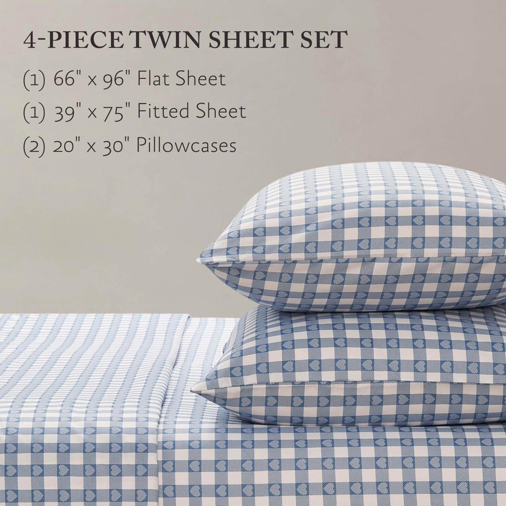 Heart Gingham Microfiber Sheet Set with Extra Pillowcases, Soft Lightweight 100% Polyester Bedding, Blue