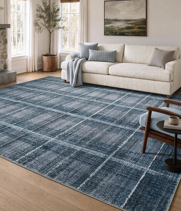 Blue Grey Distressed Plaid Area Rug