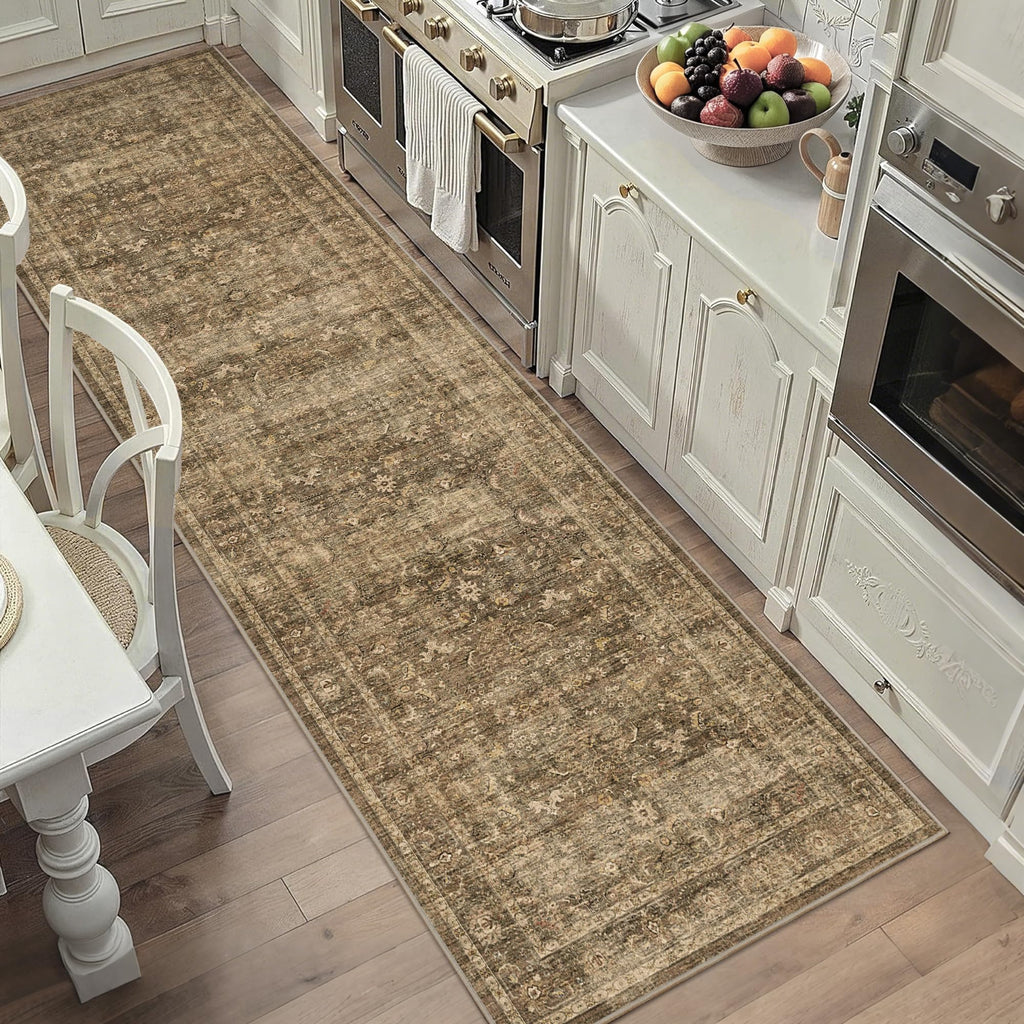 2.6x8 Washable Kitchen Runner Rug Non-Slip Vintage Brown Throw Carpet