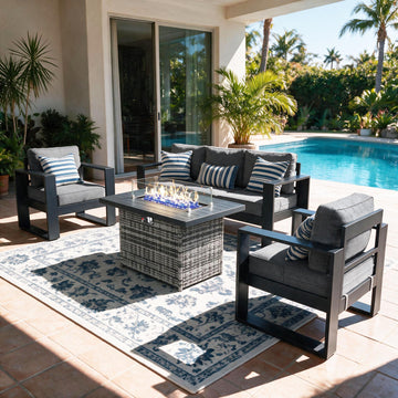 4 Pieces Aluminum Outdoor Patio Furniture Set, Metal Modern Conversation Sofa Set with Fire Pit Table and Washable