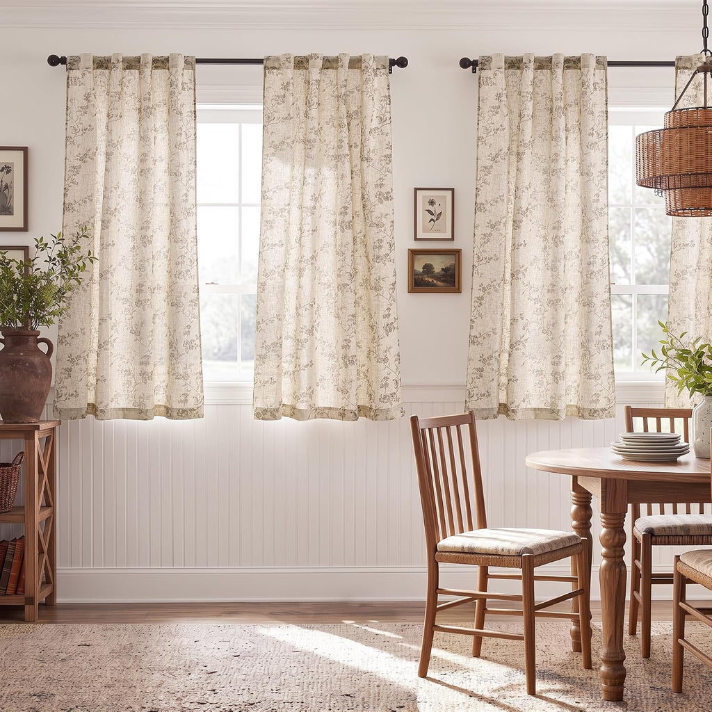 Floral Linen Curtains 96 Inch Length Taupe Flower Curtain Rod Pocket Back Tab Farmhouse Curtains with Printed Floral