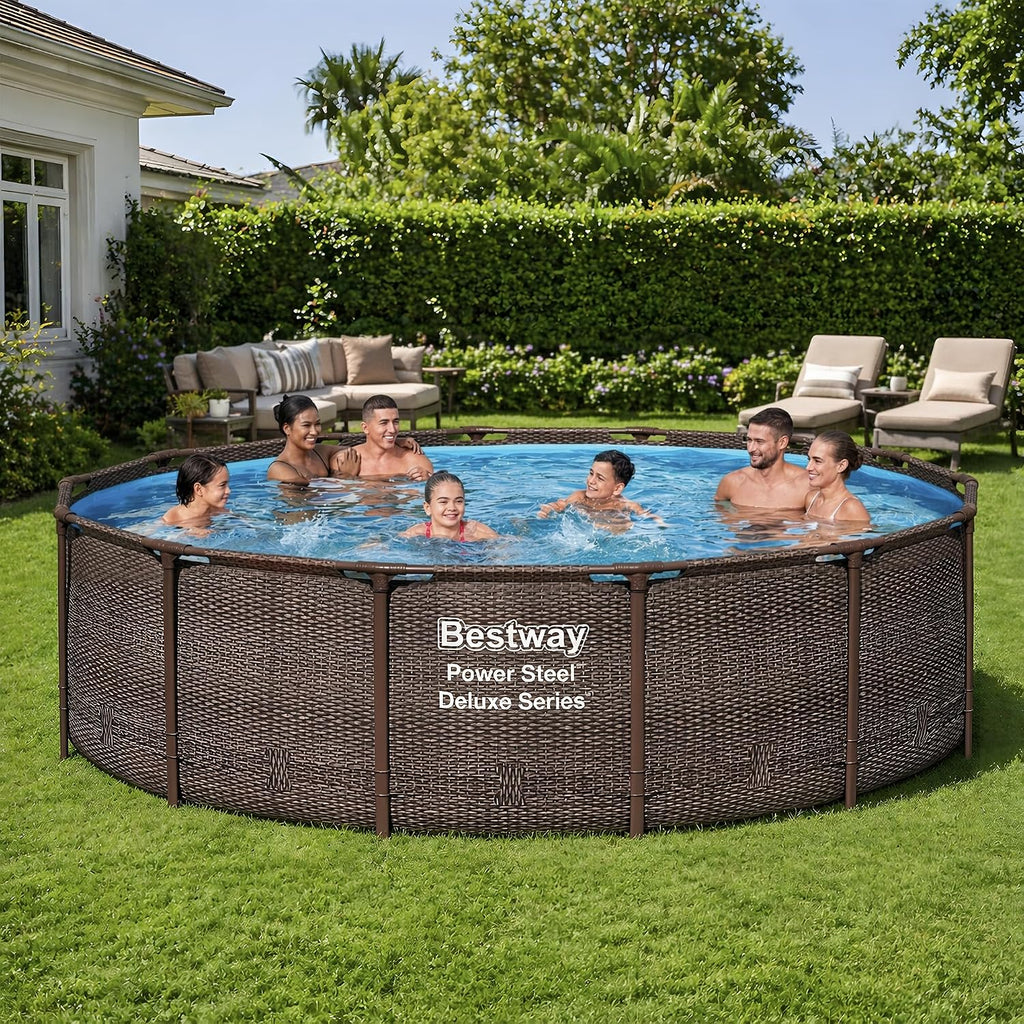 Power Steel 14' x 42" Above Ground Pool, Round Metal Frame Outdoor Swimming Pool Set with Filter Pump, Ladder, and