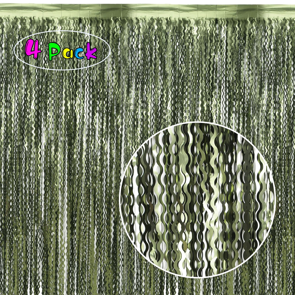 4 Pack Wavy Olive Green Streamers Backdrop Jungle Party Decorations - 3.3x6.6ft Foil Fringe Curtains Photo Booth for