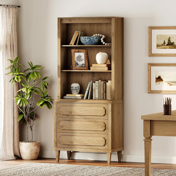 72.8" Tall Bookshelf with Drawers, 5 Tier Large Bookcase, Oak | Mid Century Modern Wood Book Shelf with Storage