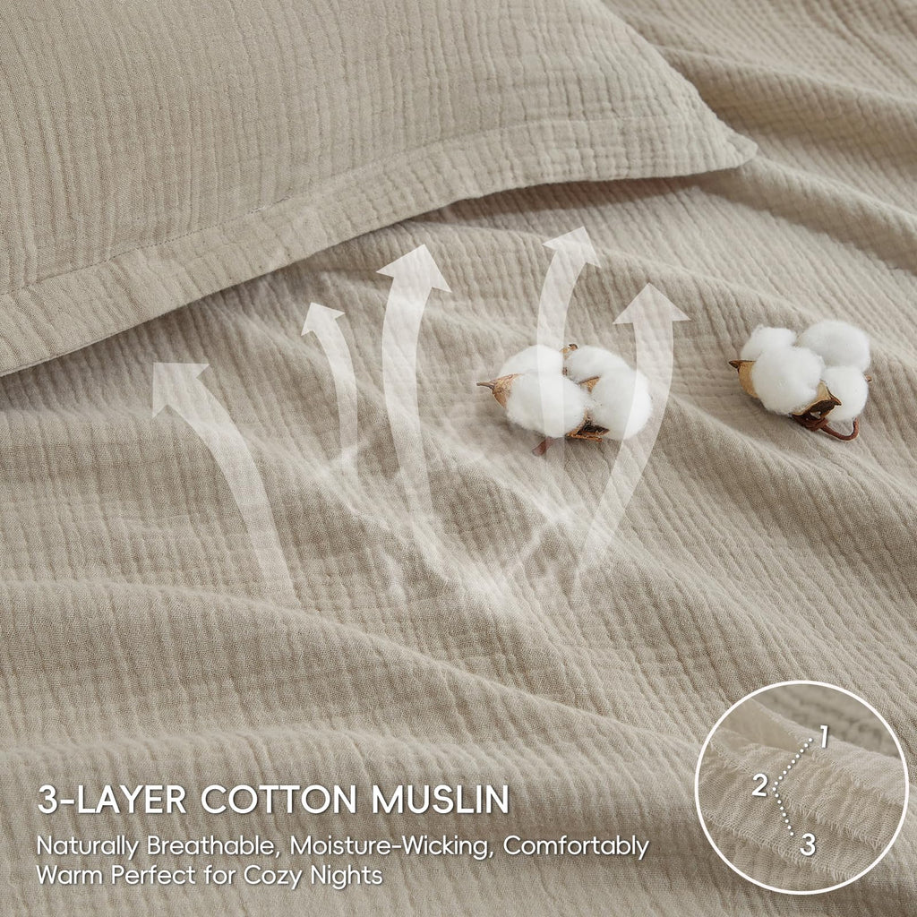 100% Cotton Muslin Duvet Cover 3-Layer, 90"x90", Taupe