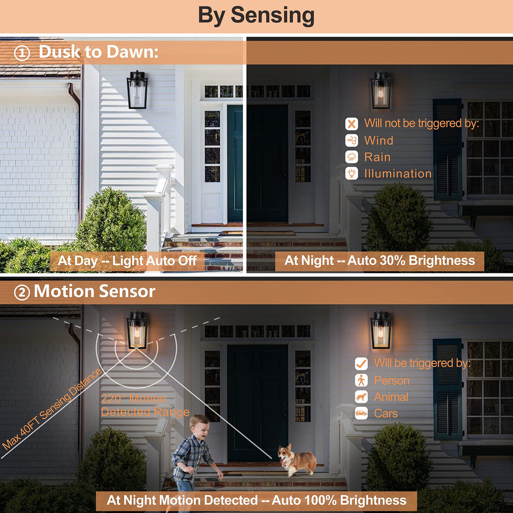 2-Pack Motion Sensor Outdoor Wall Lights, Rustic Dusk to Dawn Wall Sconce