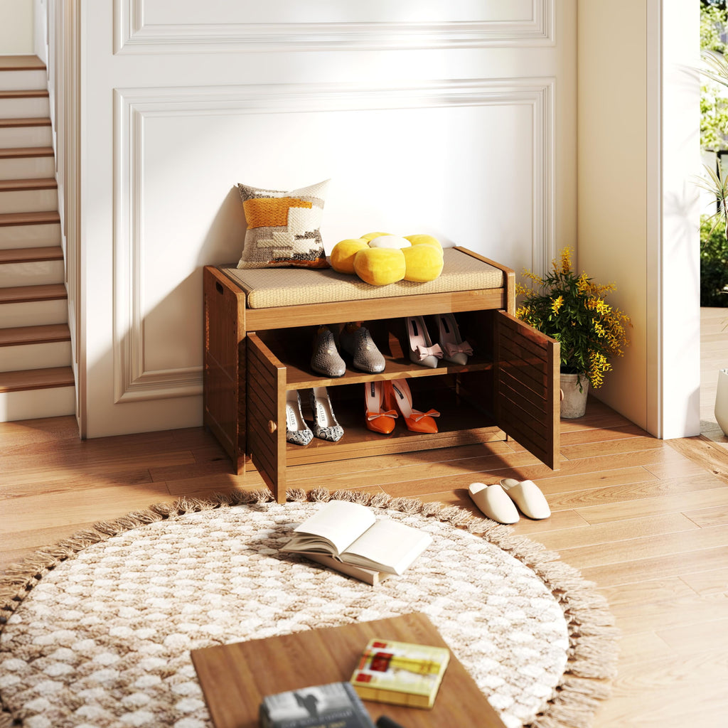 Shoe Storage Bench, 2-Tier Shoe Cabinet with Padded Seat Cushion, Bamboo Entryway Bench with 2 Doors (31.49''(L)