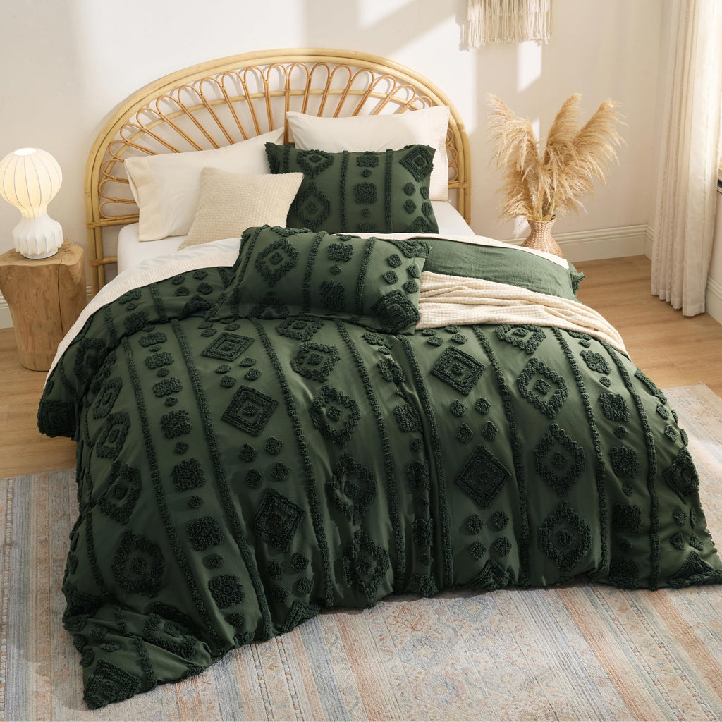 Boho Tufted Green Comforter King Size, GentleSoftTM 3 Pieces Boho Farmhouse-Style Decor Bedding, Exquisite Bedding