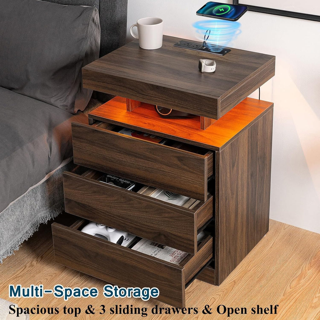 Rustic Brown Nightstand with Wireless Charging Station Walnut Wood LED Bedside Table with 3 Drawers End Table Smart